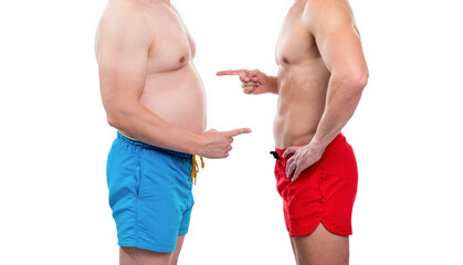 before fat after slim compare of men in studio, pointing finger. cropped view of men