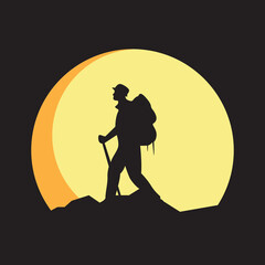 climber climbing mountain with sunset view outdoor logo design vector icon illustration