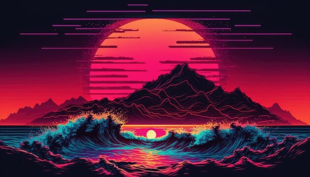 A digital art of a wave and the sun. Generative AI