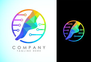 Polygonal foot and care icon logo template, Low poly foot and ankle healthcare