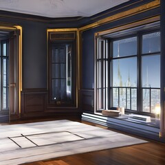 Obraz premium A room with dark walls and a view of the city1, Generative AI