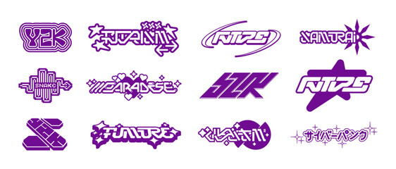 Retrofuturistic lettering logo design in Y2K style. Acid universal inscriptions for t-shirt, logo, poster, banner, merch, apparel, typography, streetwear. Y2k lettering collection. Vector graphic set