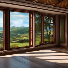 A room with large windows and a view of the countryside1, Generative AI