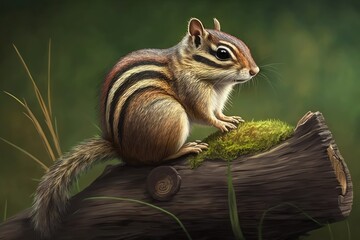 Obraz premium Chipmunk is perched on a dead tree trunk. Eats the brown chipmunk. Grass and leaves are green. genuine daylight. Generative AI