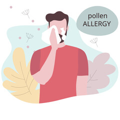 Seasonal allergy. Man with teary eyes. pollen and flowers allergy