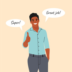 Smiling african american man Gesturing in Gratitude. Concept of positive Feedback, Acknowledgement and Gratitude. Flat vector illustration.