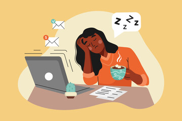 African American Woman is Tired of working on a Laptop. The girl wants to Sleep. She holds a cup of Coffee in her hands and falls Asleep. Vector illustration on the theme of eye health and Fatigue.