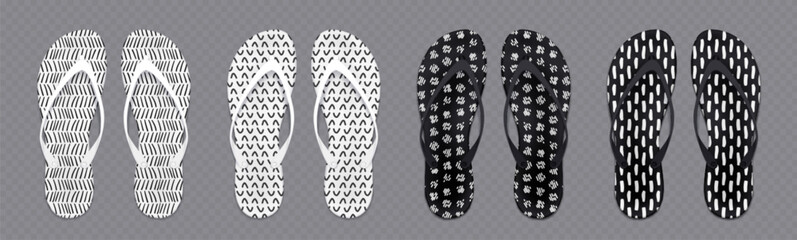 Summer flip flops, sandals for sand beach, pool and seaside. Black and white slippers with abstract hand drawn patterns of paint brush strokes, vector realistic mockup