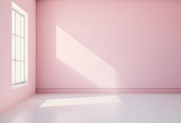 Empty pink room, floor, light from window, plain background wall for copy space, mockup, display
