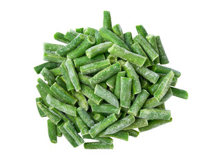 Heap of frozen green beans isolated isolated on a white background, top view. frozen green beans.