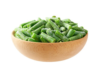 Frozen cut green beans in a wooden bowl isolated on white background.