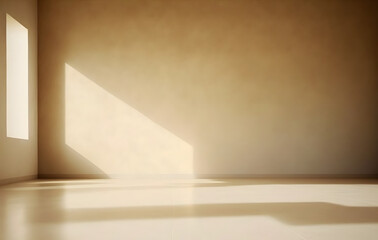Empty beige room with ight from window, plain background wall for copy space, mockup, display