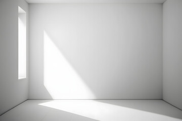 Empty white room, floor, light from window, plain background wall for copy space, mockup, display