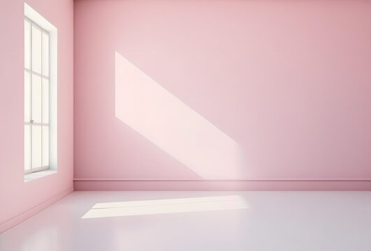 Empty pink room, floor, light from window, plain background wall for copy space, mockup, display