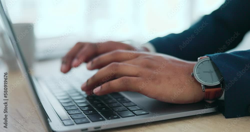 Poster typing, keyboard and hands of a businessman on a laptop for business, networking and communication. 