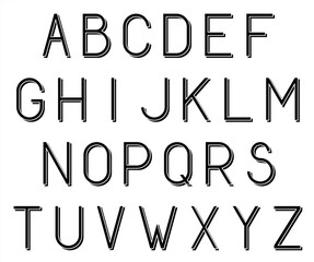 Three dimensional capital letters font. Black with white outline. Vector image. Put them as a message over your photos.