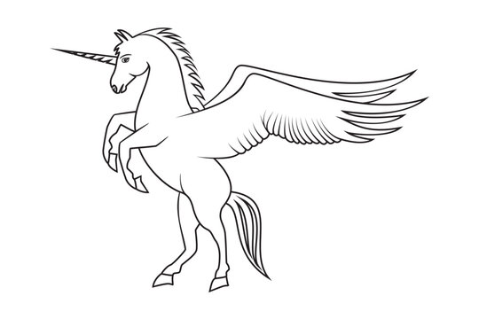 Line art vector of pegasus with horn or unicorn legendary creature seems horse with horn forehead and two wings action lifting  front leg drawing in black and white