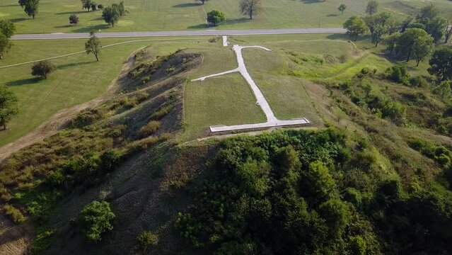 Afternoon aerial view of the central plaza mound group in the ancient native city of Cahokia, in Collinsville, Illinois, USA.