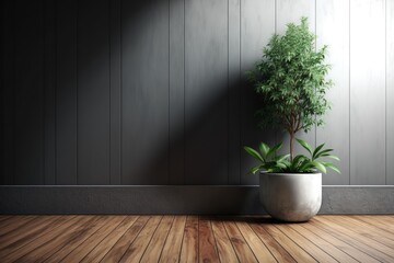 Grey wall and wooden floor background with planter (). Generative AI