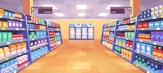 Supermarket aisle perspective view. Vector cartoon illustration of product shelves full of colorful cardboard boxes and food packages, bottles with beverages in refrigerator. Grocery store department © klyaksun