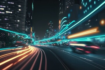 Naklejka premium High speed data neon moving fast into smart city. Technology background. Generative AI