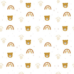 Bears, raining clouds, rainbows and stars cute seamless kids pattern, baby pattern. Creative kids texture for fabric, wrapping, textile, wallpaper, apparel.