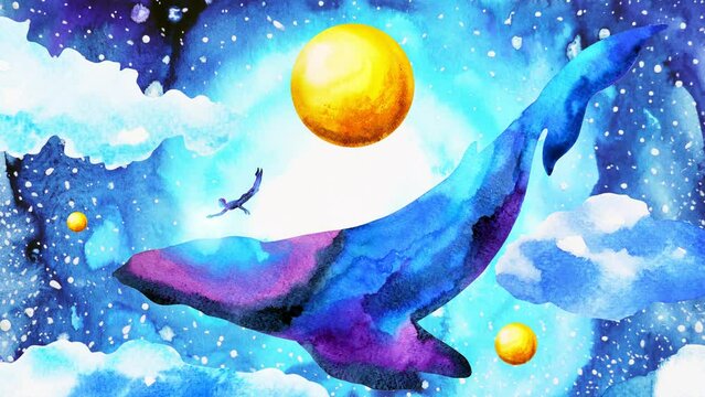 human and whale swimming diving in the universe mind spiritual abstract mental art watercolor painting illustration design stop motion ultra hd 4k