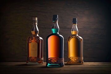 Three Whiskey Bottles on Plank. Photo generative AI