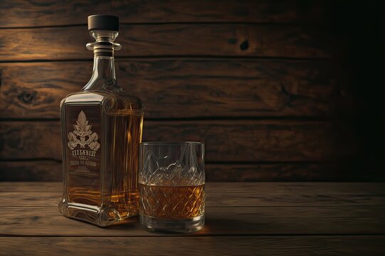 Elegant whiskey bottle with glass on wood retro style. Photo generative AI