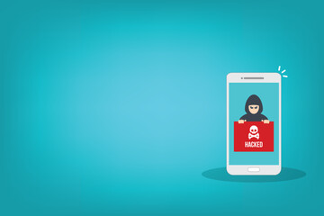 Hacker notification on mobile phone. Smartphone with hacker attack alert.	