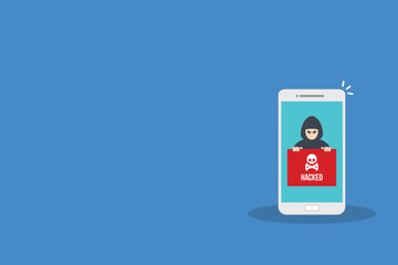 Hacker notification on mobile phone. Smartphone with hacker attack alert.	