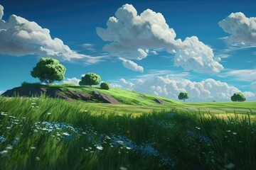 Background of lush meadows against a cloudy, blue sky. Generative AI