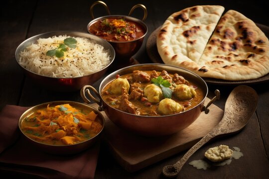 Indian food including curries, rice, samosas and naan bread. Generative AI