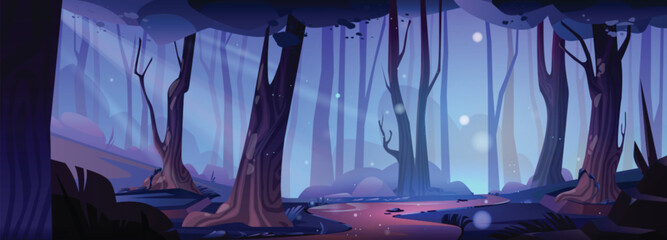 Path in forest at night cartoon vector landscape. Magic woodland pathway and tree silhouette. Dark blue nature fairytale panorama view. Fantasy and mysterious dusk outdoor illustration. - obrazy, fototapety, plakaty