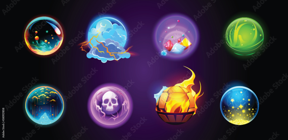 Wall mural cartoon set of magic fortune telling crystal balls on dark background. vector illustration of neon c