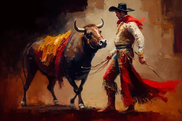 Foto op Plexiglas Matador, bullfighter fights bull in the arena, art illustration painted, generative ai © vladischern