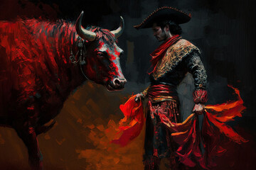 Matador, bullfighter fights bull in the arena, art illustration painted, generative ai - obrazy, fototapety, plakaty