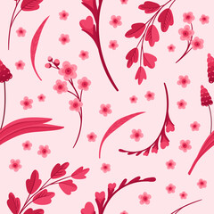 Magenta Floral Seamless Pattern. Blooming Flowers, Red and Pink Leaves and Hearts. Vector Digital Wallpaper. Scrapbook Paper on Pink Background