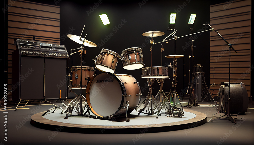 Poster stage performance with drums kit equipment ,generative ai