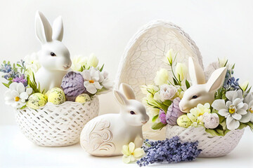 Obraz na płótnie Canvas Easter bunny, easter eggs with spring flowers. Generative AI