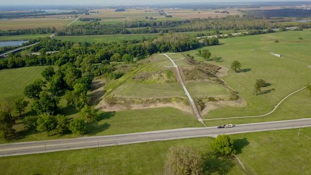 Afternoon aerial view of the central plaza mound group in the ancient native city of Cahokia, in Collinsville, Illinois, USA.