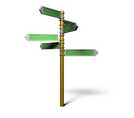 複数の進路と目的地が示される進路の標識。人生の岐路と選択肢を表す抽象的なコンセプト。