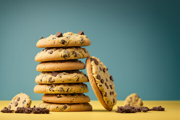 Mountain of cookies with chocolate chips, on a blue background. ia generate
