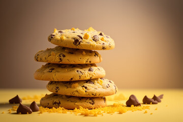 Fototapeta na wymiar Mountain of cookies with chocolate chips, on a yellow background. ia generate
