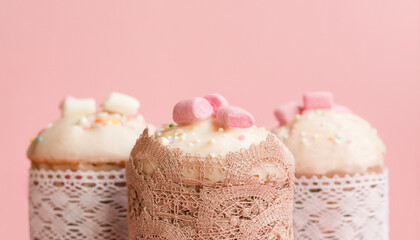 Easter cake on a pink background. Beautiful pastries. Easter card . Close-up. Selective focus.