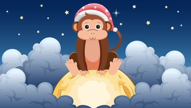 Animated Cute Bear Sitting on Moon in Starry Night Sky