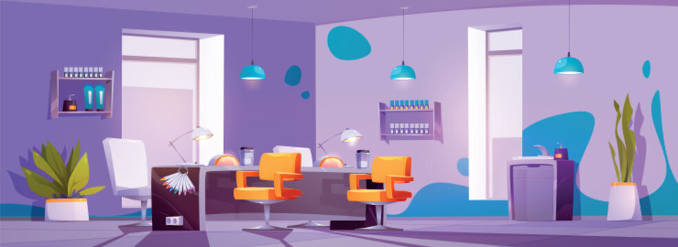 Cartoon manicure salon interior design with furniture. Vector illustration of beauty parlor room with tables, chairs, windows, nail polish and hand cream bottles on shelves. Fingernail care equipment