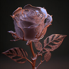 Rose gold fluorescent rose on plain background. 3d rose. Flower in three dimension 