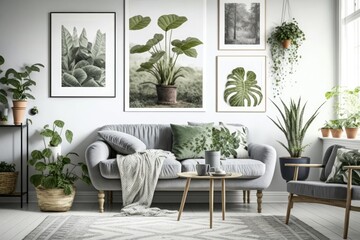 Posters above grey settee in bright living room interior with plants and patterned carpet. Real photo. Generative AI