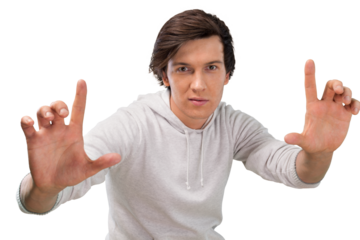 Portrait of smiling young man making frame with hands, isolated